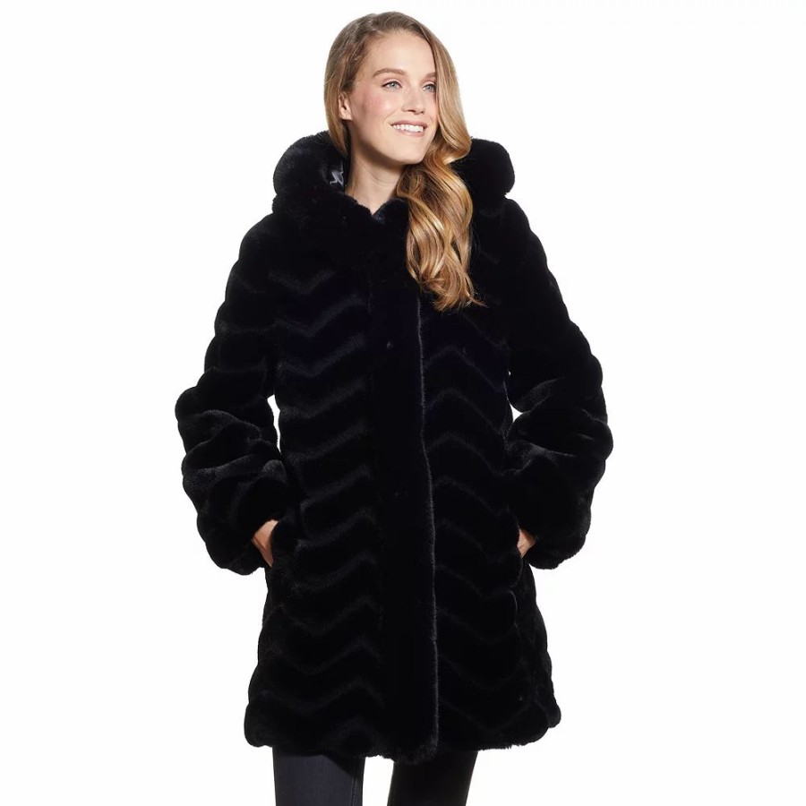 Clothing * | Women'S Gallery Hooded Faux-Fur Walker Jacket Black