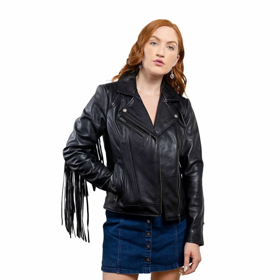 Clothing * | Women'S Whet Blu Daisy Fringed Asymmetrical Moto Leather Jacket