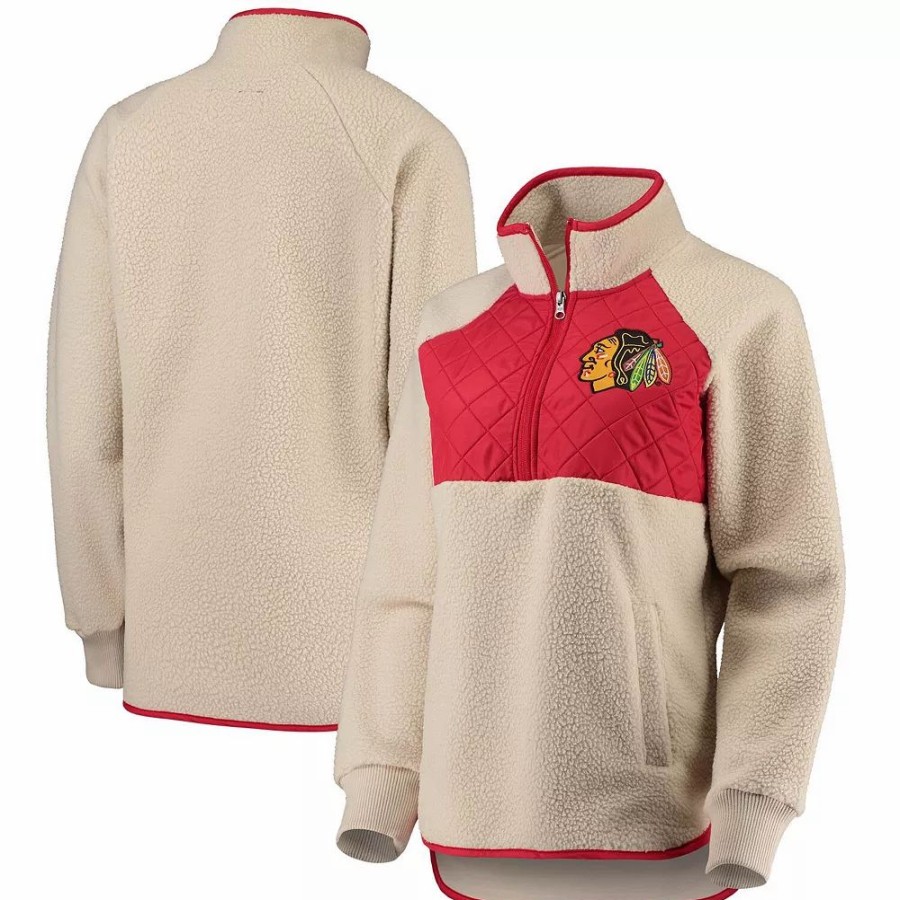 Clothing * | Women'S G-Iii 4Her By Carl Banks Oatmeal/Red Chicago Blackhawks Wishbone Half-Zip Jacket