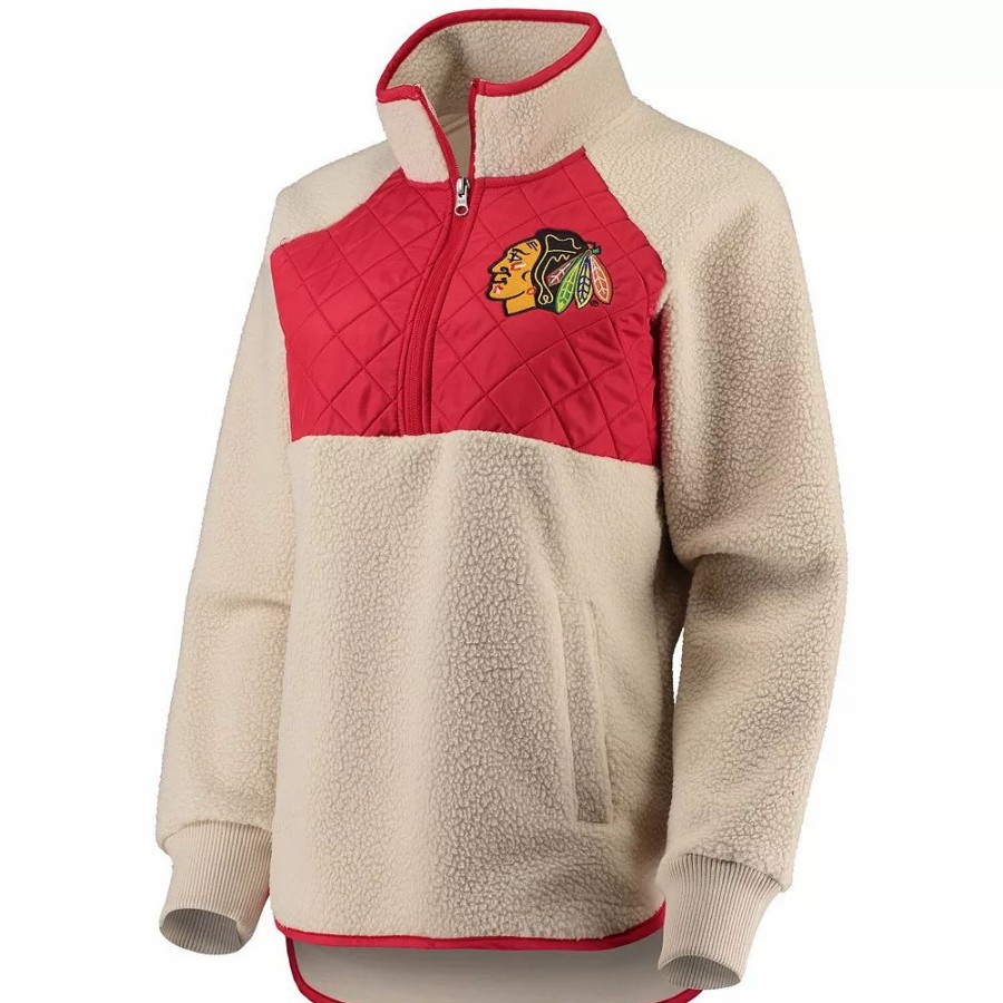 Clothing * | Women'S G-Iii 4Her By Carl Banks Oatmeal/Red Chicago Blackhawks Wishbone Half-Zip Jacket