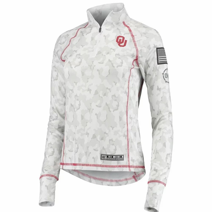 Clothing * | Women'S Colosseum White Oklahoma Sooners Oht Military Appreciation Officer Arctic Camo 1/4-Zip Jacket