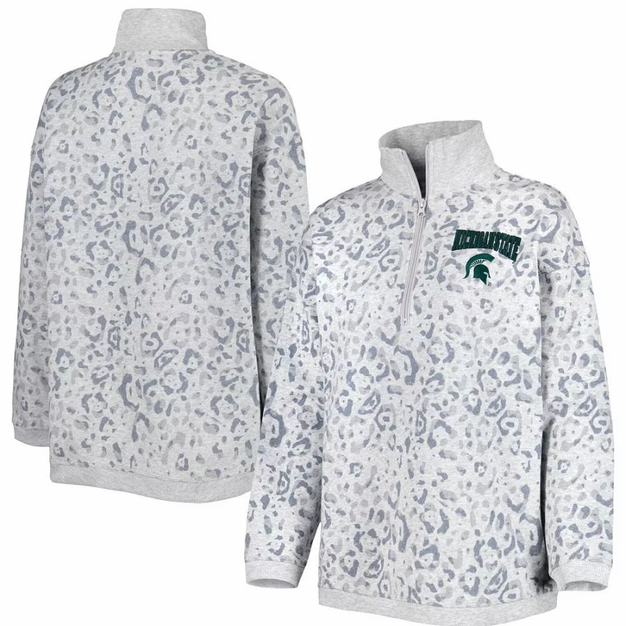 Clothing * | Women'S Gameday Couture Heather Gray Michigan State Spartans Leopard Quarter-Zip Sweatshirt