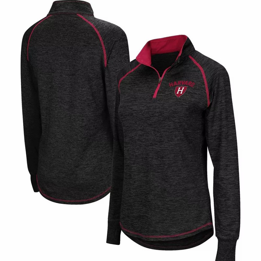 Clothing * | Women'S Colosseum Black Harvard Crimson Bikram Raglan Quarter-Zip Jacket