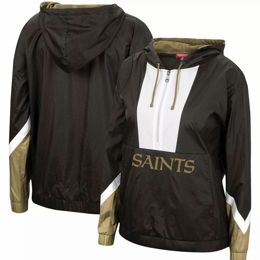 Clothing * | Women'S Mitchell & Ness Black New Orleans Saints Half-Zip Windbreaker Hoodie