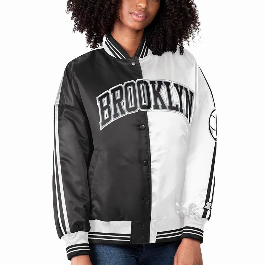 Clothing * | Women'S Starter Black/White Brooklyn Nets Split Colorblock Satin Full-Snap Varsity Jacket