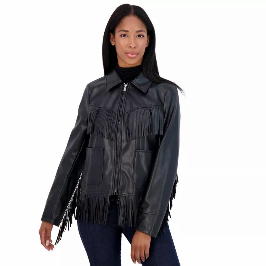 Clothing * | Women'S Sebby Collection Faux-Leather Fringe Jacket