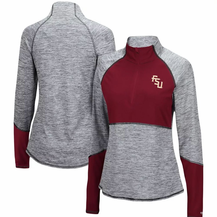 Clothing * | Women'S Colosseum Heathered Gray/Garnet Florida State Seminoles Color Block Space-Dye Raglan Quarter-Zip Top