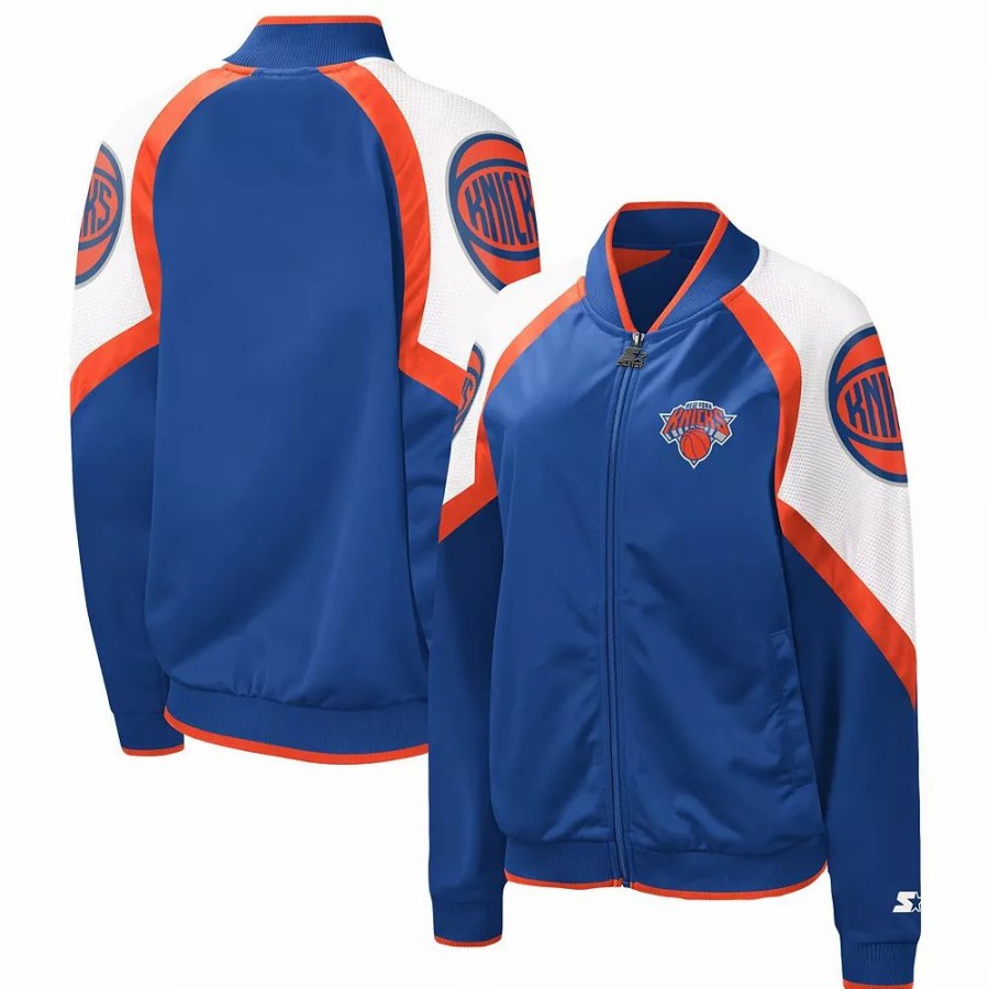 Clothing * | Women'S Starter Blue/Orange New York Knicks Fan Girl Satin Raglan Full-Zip Jacket