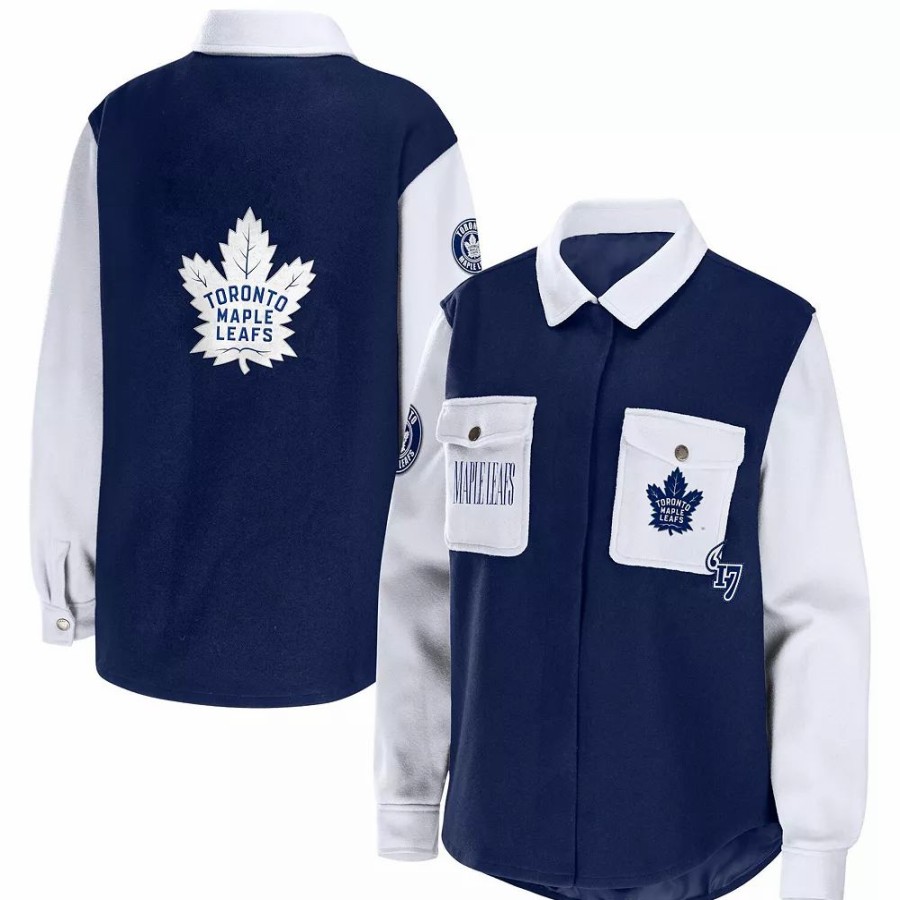 Clothing * | Women'S Wear By Erin Andrews Navy/White Toronto Maple Leafs Colorblock Button-Up Shirt Jacket