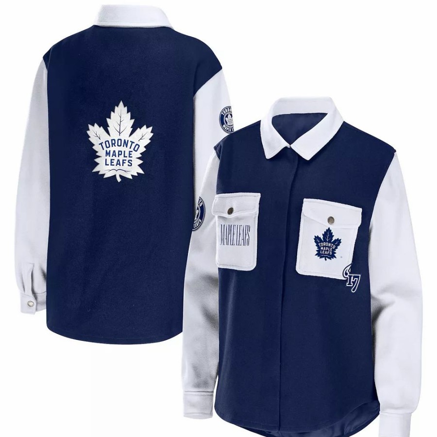 Clothing * | Women'S Wear By Erin Andrews Navy/White Toronto Maple Leafs Colorblock Button-Up Shirt Jacket