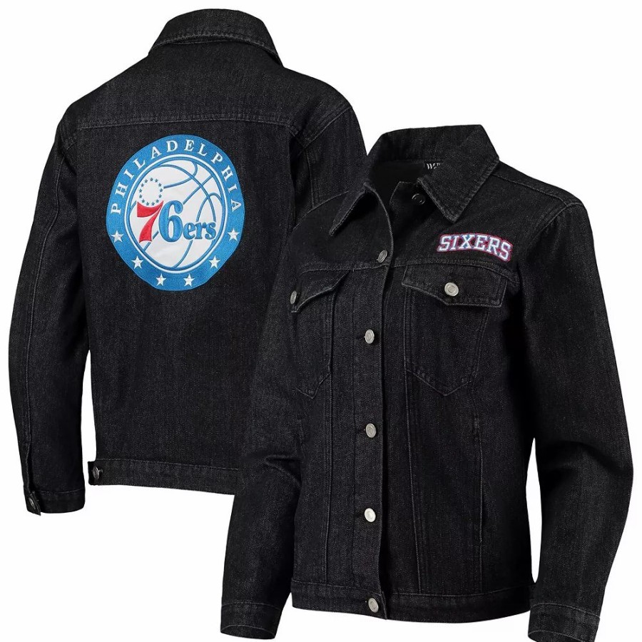 Clothing * | Women'S The Wild Collective Black Philadelphia 76Ers Patch Denim Button-Up Jacket