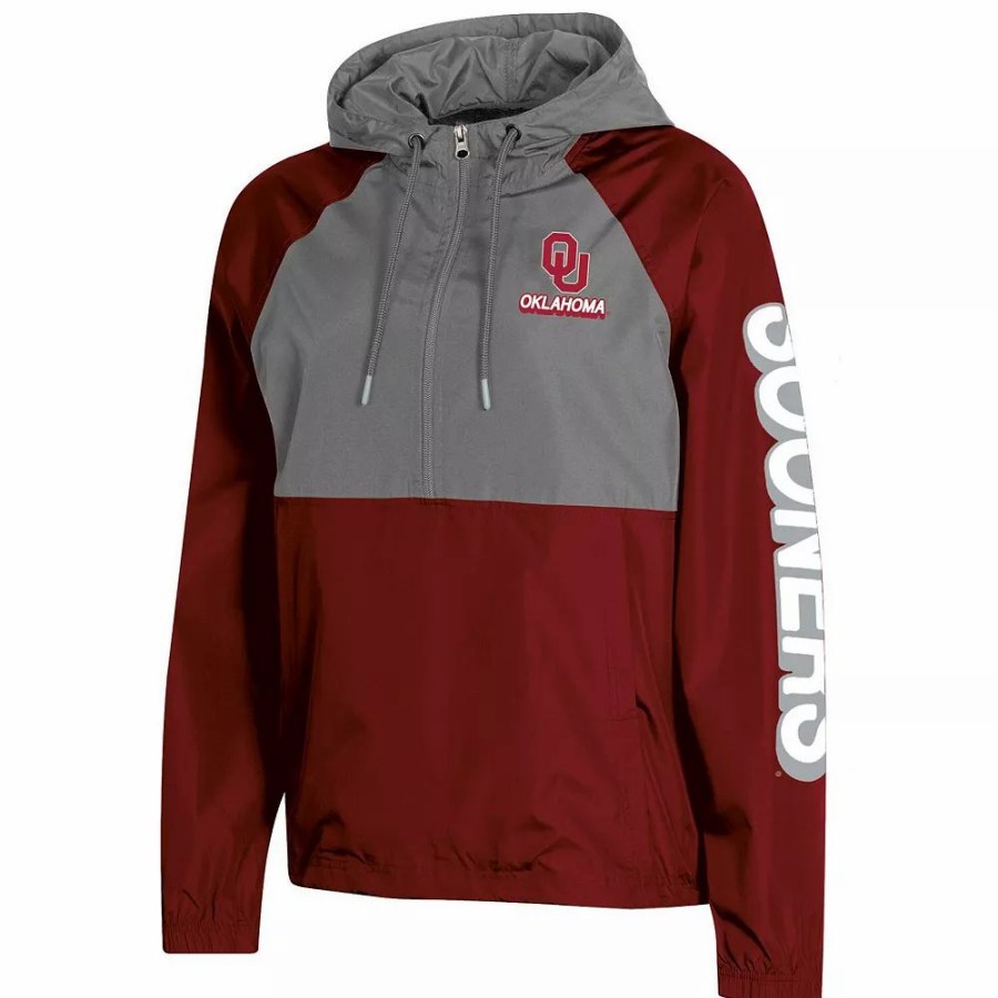 Clothing * | Women'S Champion Crimson Oklahoma Sooners Colorblocked Packable Raglan Half-Zip Hoodie Jacket