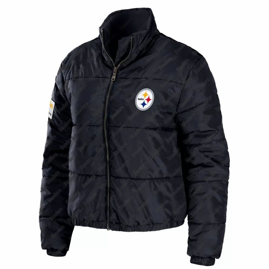 Clothing * | Women'S Wear By Erin Andrews Black Pittsburgh Steelers Puffer Full-Zip Jacket