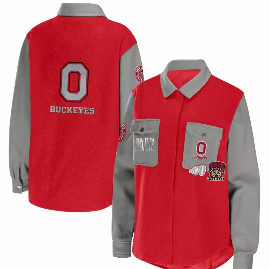 Clothing * | Women'S Wear By Erin Andrews Scarlet Ohio State Buckeyes Button-Up Shirt Jacket