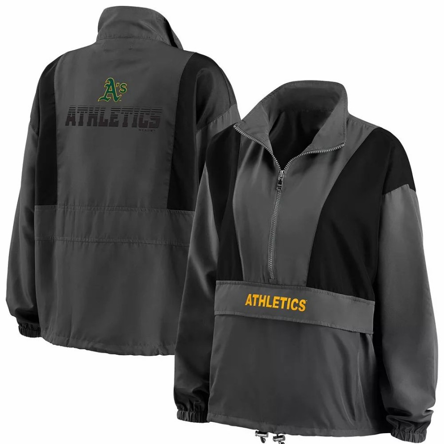 Clothing * | Women'S Wear By Erin Andrews Charcoal Oakland Athletics Packable Half-Zip Jacket