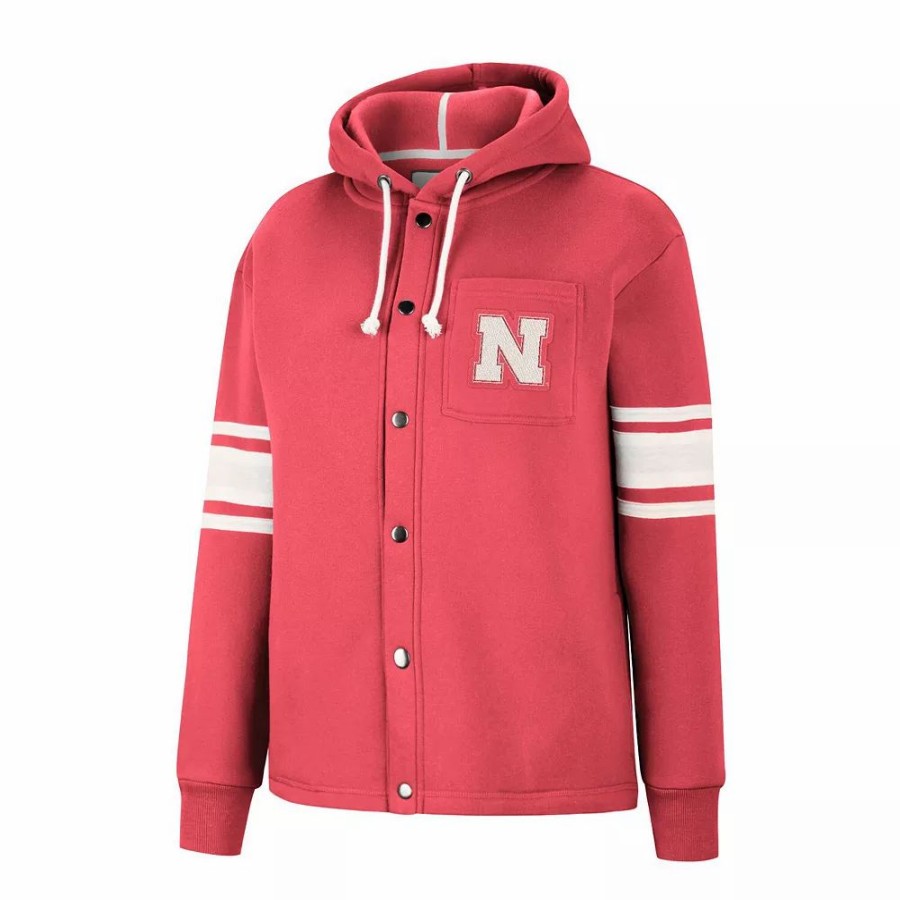 Clothing * | Women'S Colosseum Scarlet Nebraska Huskers Mia Striped Full-Snap Hoodie Jacket