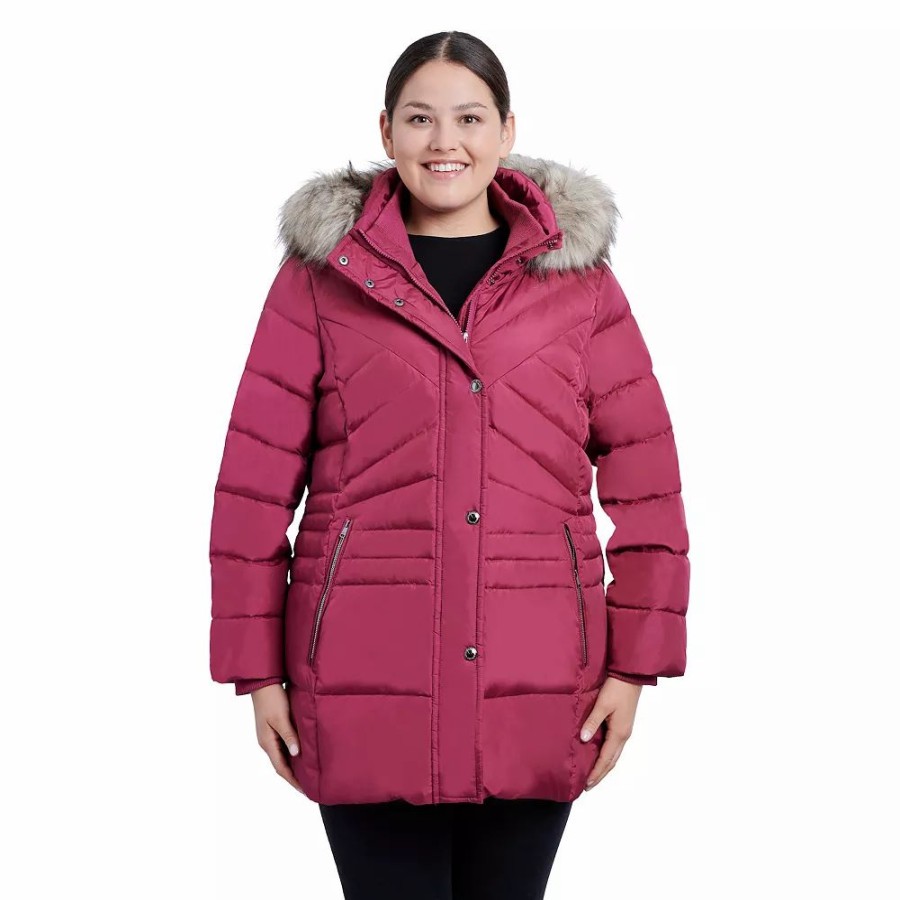 Clothing * | Plus Size London Fog Faux-Fur Hood Snap-Front Puffer Jacket