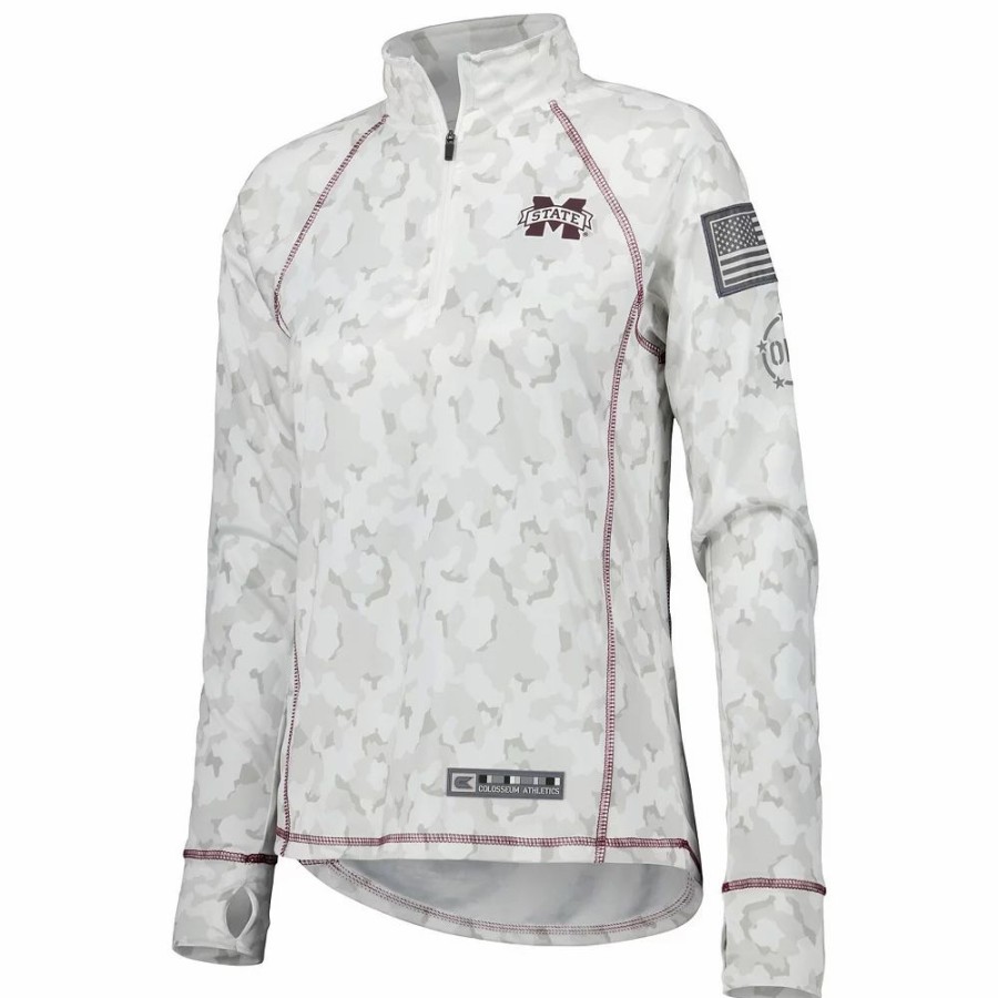 Clothing * | Women'S Colosseum White Mississippi State Bulldogs Operation Hat Trick Military Appreciation Officer Arctic Camo Raglan Quarter-Zip Jacket