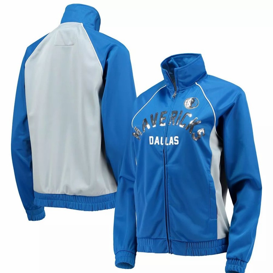 Clothing * | Women'S G-Iii 4Her By Carl Banks Blue/Gray Dallas Mavericks Backfield Raglan Full-Zip Track Jacket