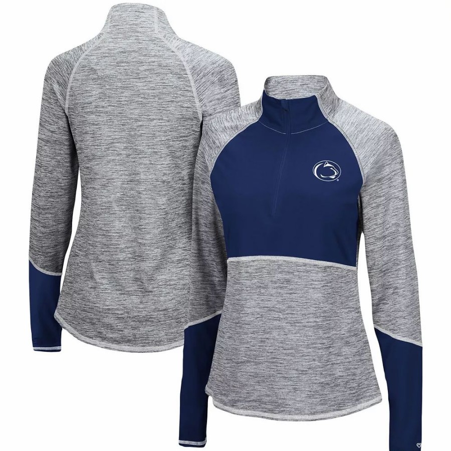 Clothing * | Women'S Colosseum Heathered Gray/Navy Penn State Nittany Lions Color Block Space-Dye Raglan Quarter-Zip Top