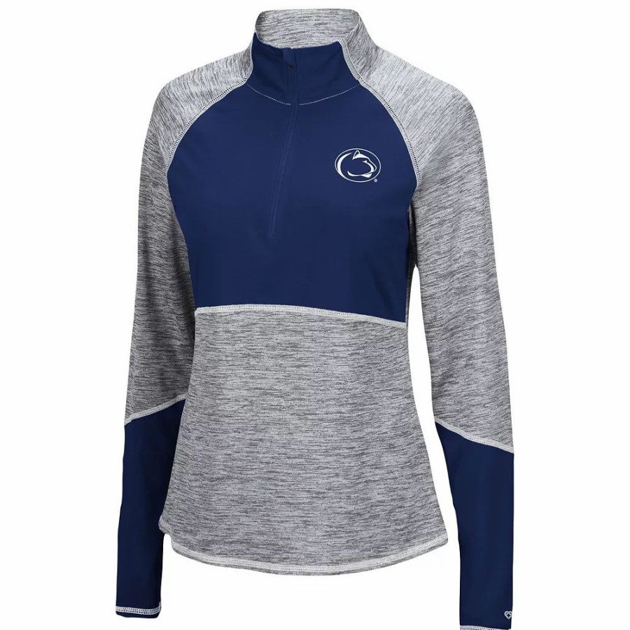 Clothing * | Women'S Colosseum Heathered Gray/Navy Penn State Nittany Lions Color Block Space-Dye Raglan Quarter-Zip Top