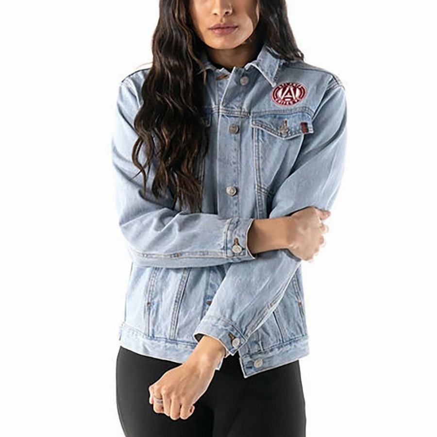 Clothing * | Women'S The Wild Collective Blue Atlanta United Fc Print Denim Button-Up Jacket