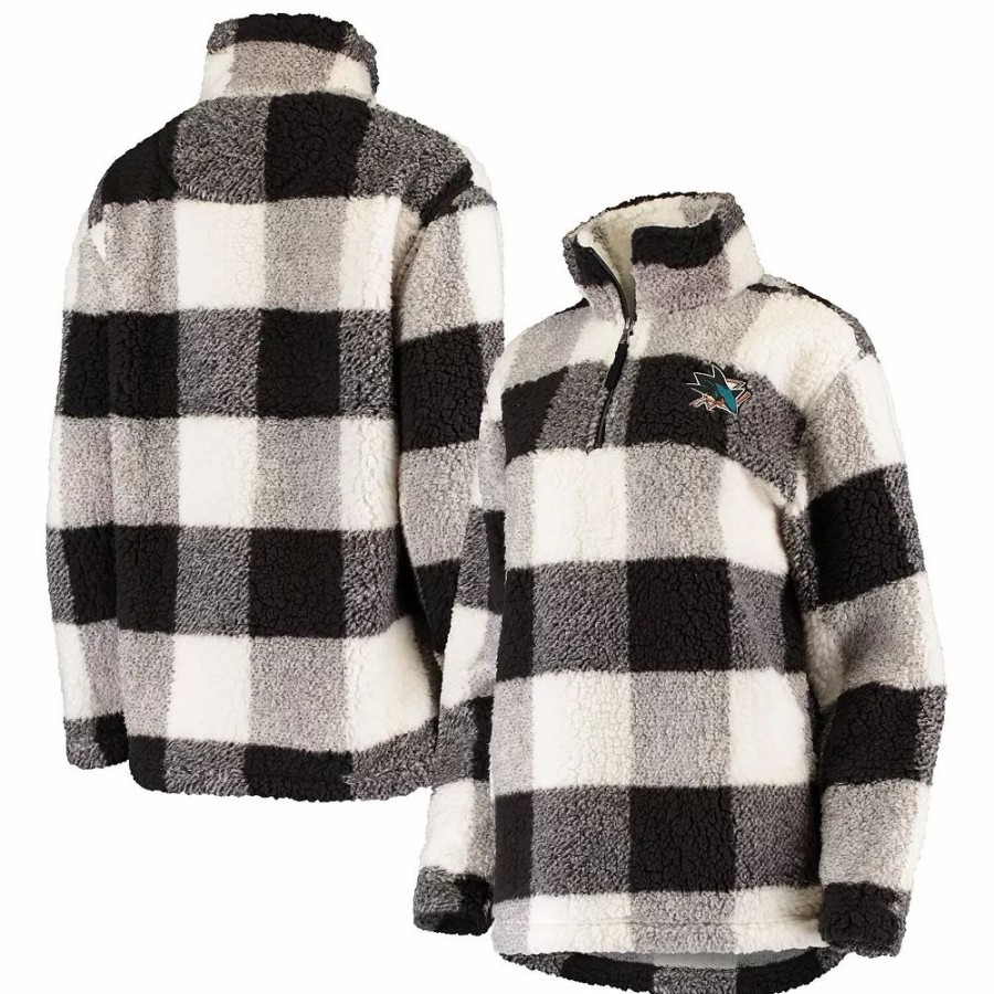 Clothing * | Women'S G-Iii 4Her By Carl Banks Black/White San Jose Sharks Plaid Sherpa Quarter-Zip Jacket