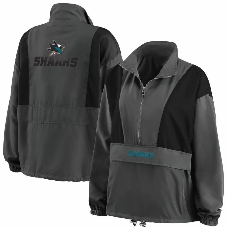 Clothing * | Women'S Wear By Erin Andrews Charcoal San Jose Sharks Popover Packable Half-Zip Jacket