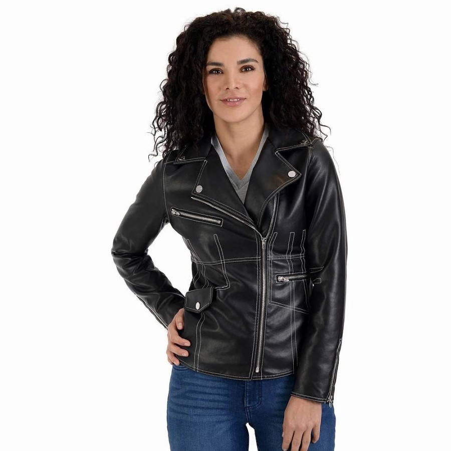 Clothing * | Women'S Nine West Faux-Leather Biker Jacket Black