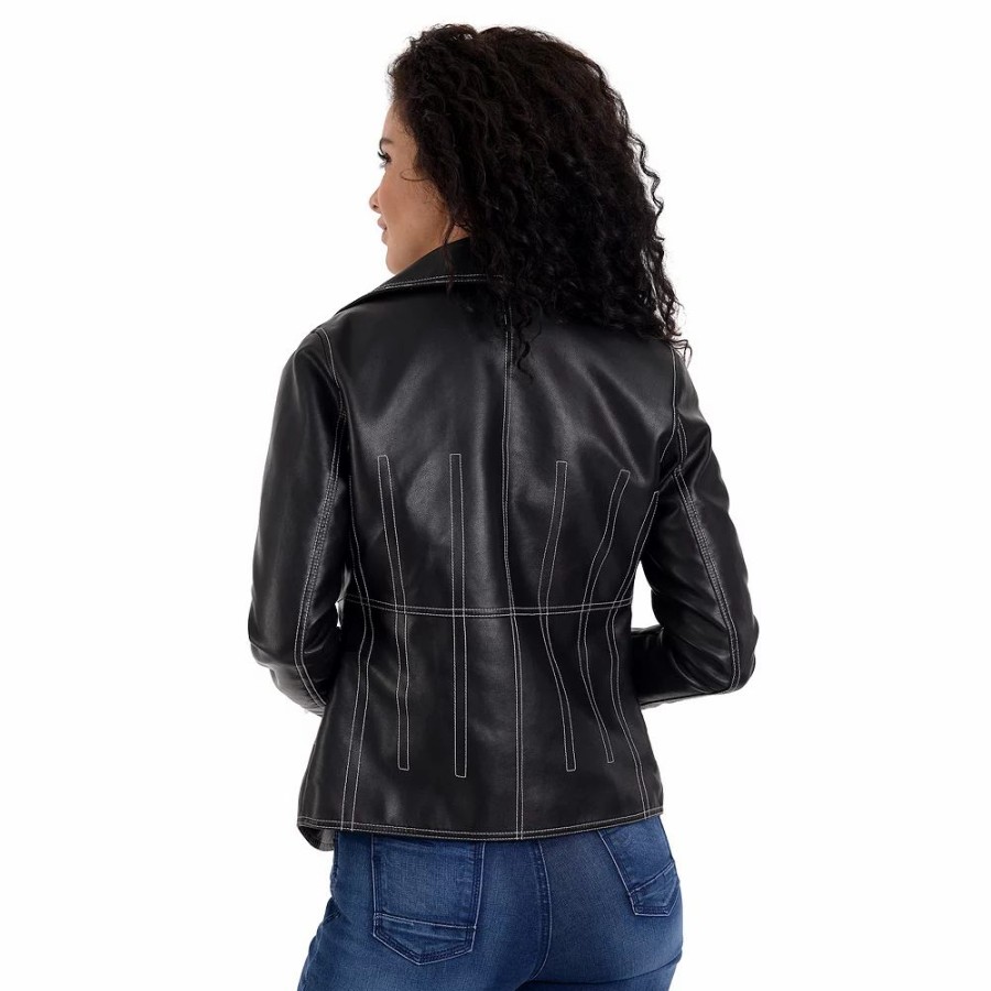 Clothing * | Women'S Nine West Faux-Leather Biker Jacket Black