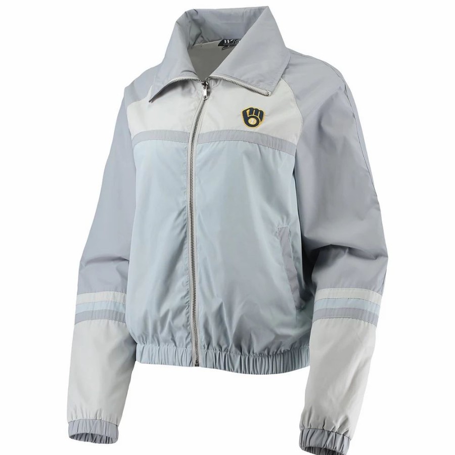 Clothing * | Women'S The Wild Collective Navy Milwaukee Brewers Colorblock Track Raglan Full-Zip Jacket