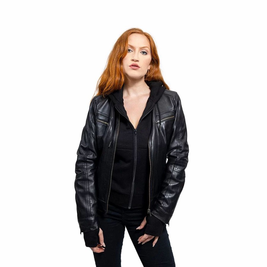 Clothing * | Women'S Whet Blu April Hooded Leather Jacket