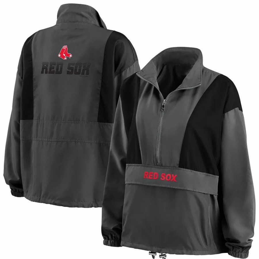 Clothing * | Women'S Wear By Erin Andrews Charcoal Boston Red Sox Packable Half-Zip Jacket