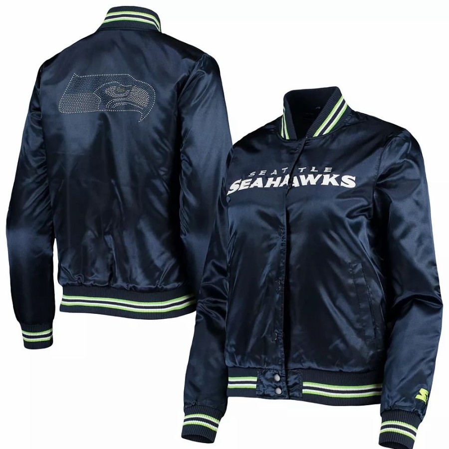 Clothing * | Women'S Starter College Navy Seattle Seahawks Varsity Lover Satin Full-Snap Jacket