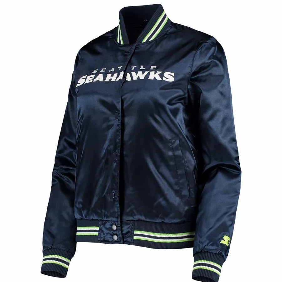 Clothing * | Women'S Starter College Navy Seattle Seahawks Varsity Lover Satin Full-Snap Jacket