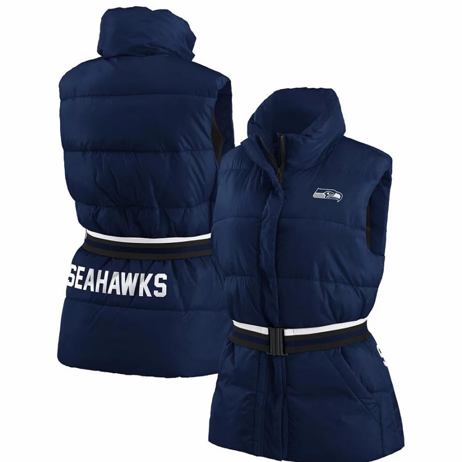 Clothing * | Women'S Wear By Erin Andrews College Navy Seattle Seahawks Full-Zip Puffer Vest With Belt