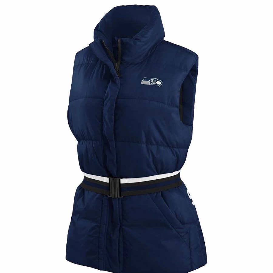 Clothing * | Women'S Wear By Erin Andrews College Navy Seattle Seahawks Full-Zip Puffer Vest With Belt