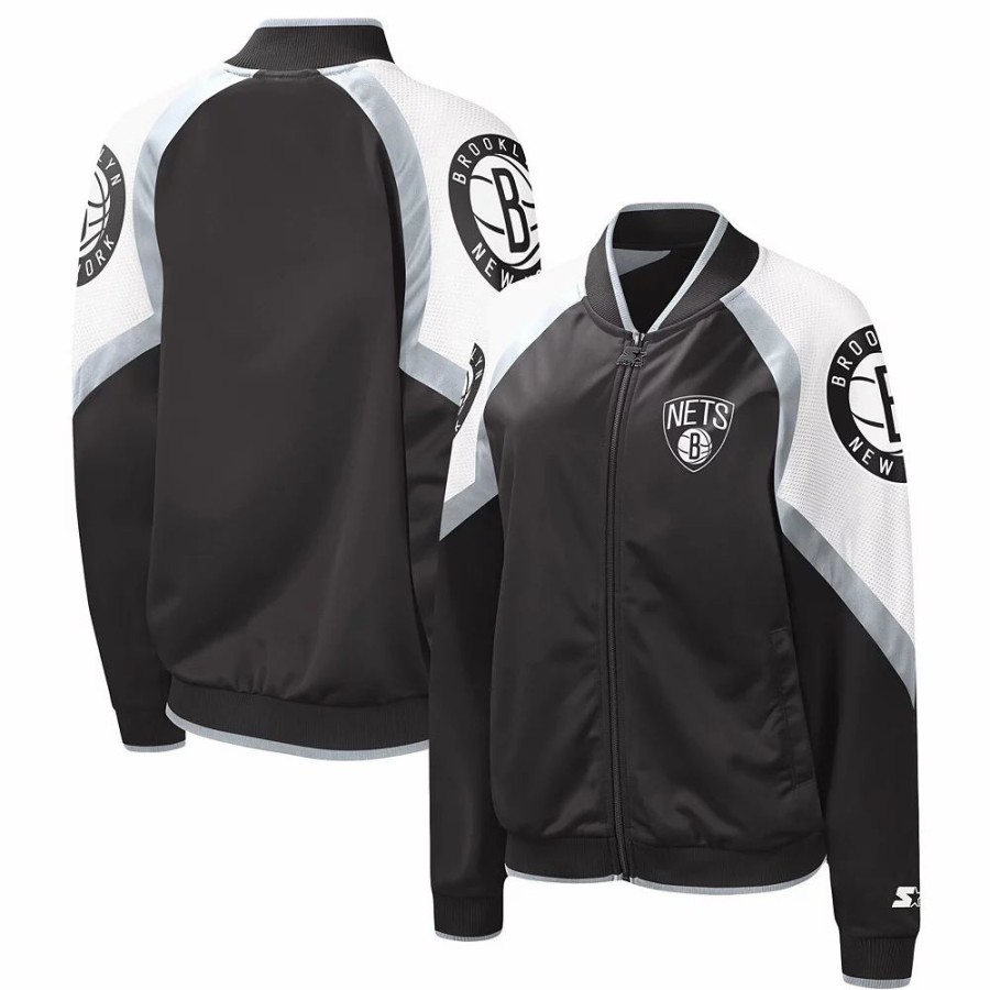 Clothing * | Women'S Starter Black/Silver Brooklyn Nets Fan Girl Satin Raglan Full-Zip Jacket