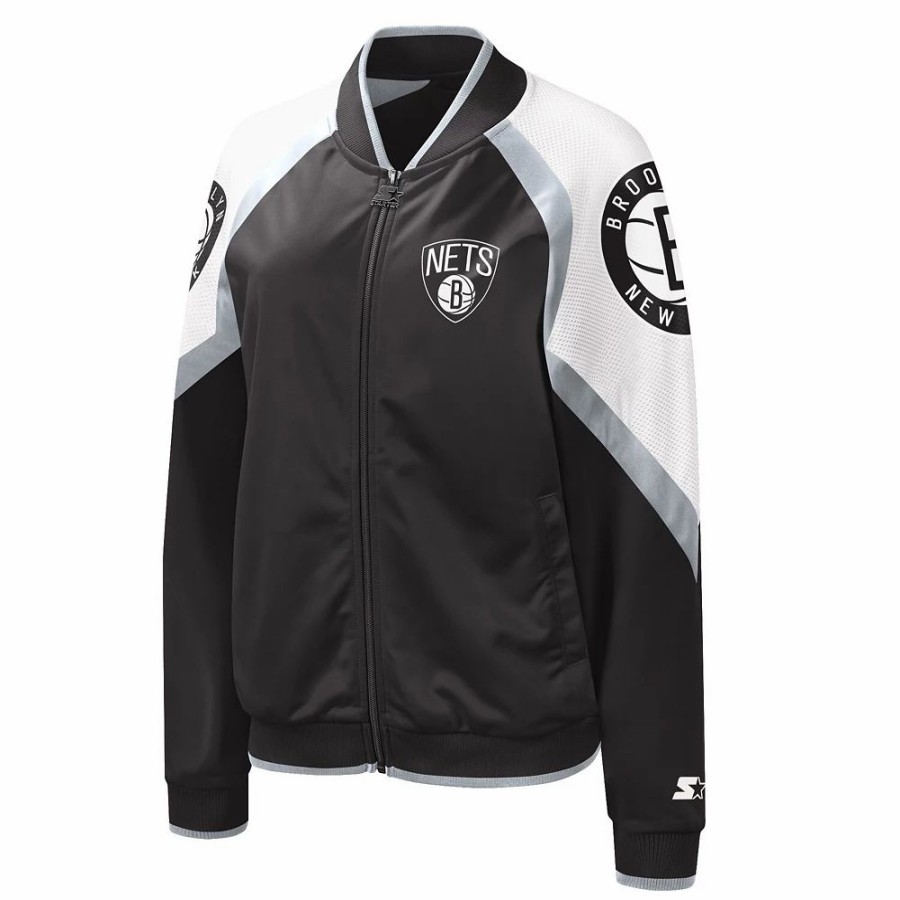 Clothing * | Women'S Starter Black/Silver Brooklyn Nets Fan Girl Satin Raglan Full-Zip Jacket