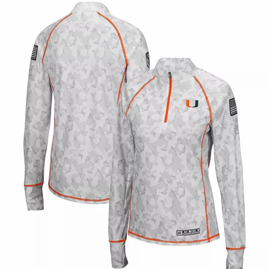 Clothing * | Women'S Colosseum White Miami Hurricanes Oht Military Appreciation Officer Arctic Camo 1/4-Zip Jacket