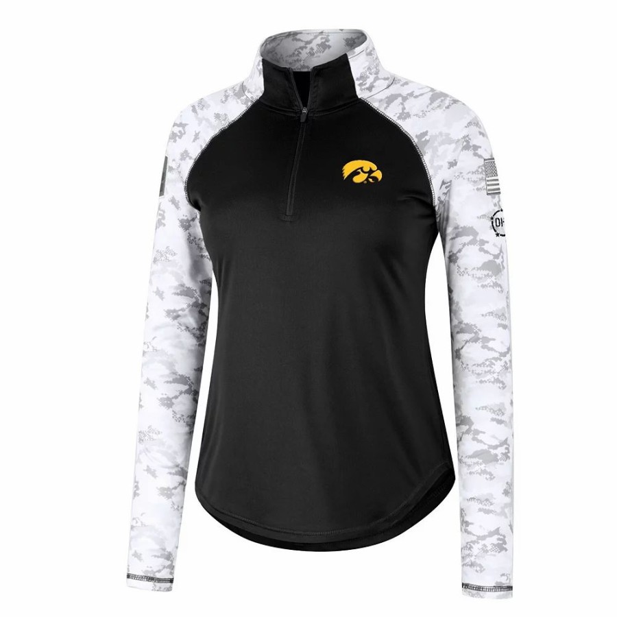 Clothing * | Women'S Colosseum Black Iowa Hawkeyes Oht Military Appreciation Flash Arctic Camo Raglan Quarter-Zip Jacket