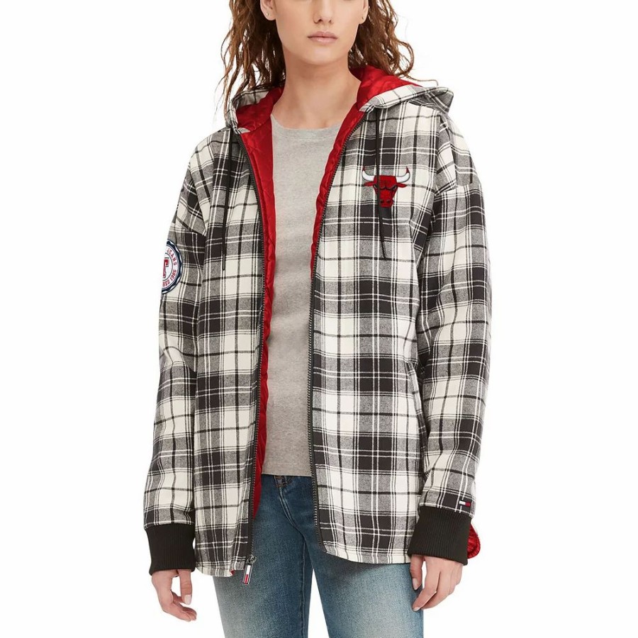 Clothing * | Women'S Tommy Jeans Black/Cream Chicago Bulls Molly Flannel Full-Zip Hoodie