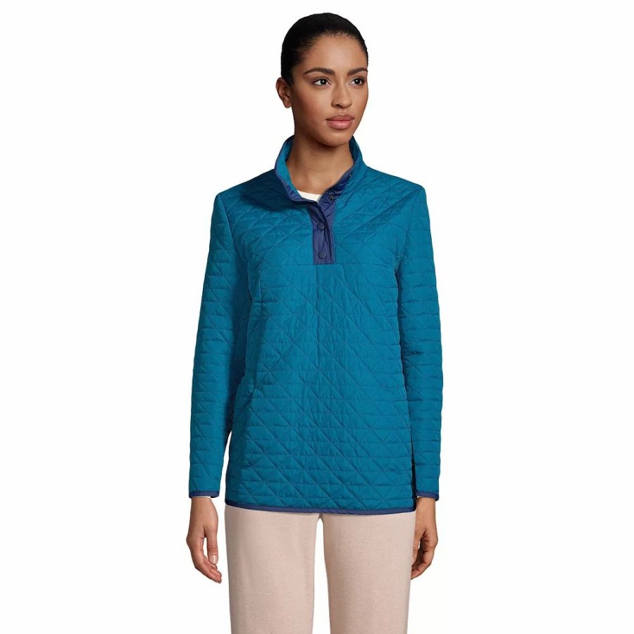 Clothing * | Petite Lands' End Insulated Quilted Snap-Neck Sweatshirt Baltic Teal