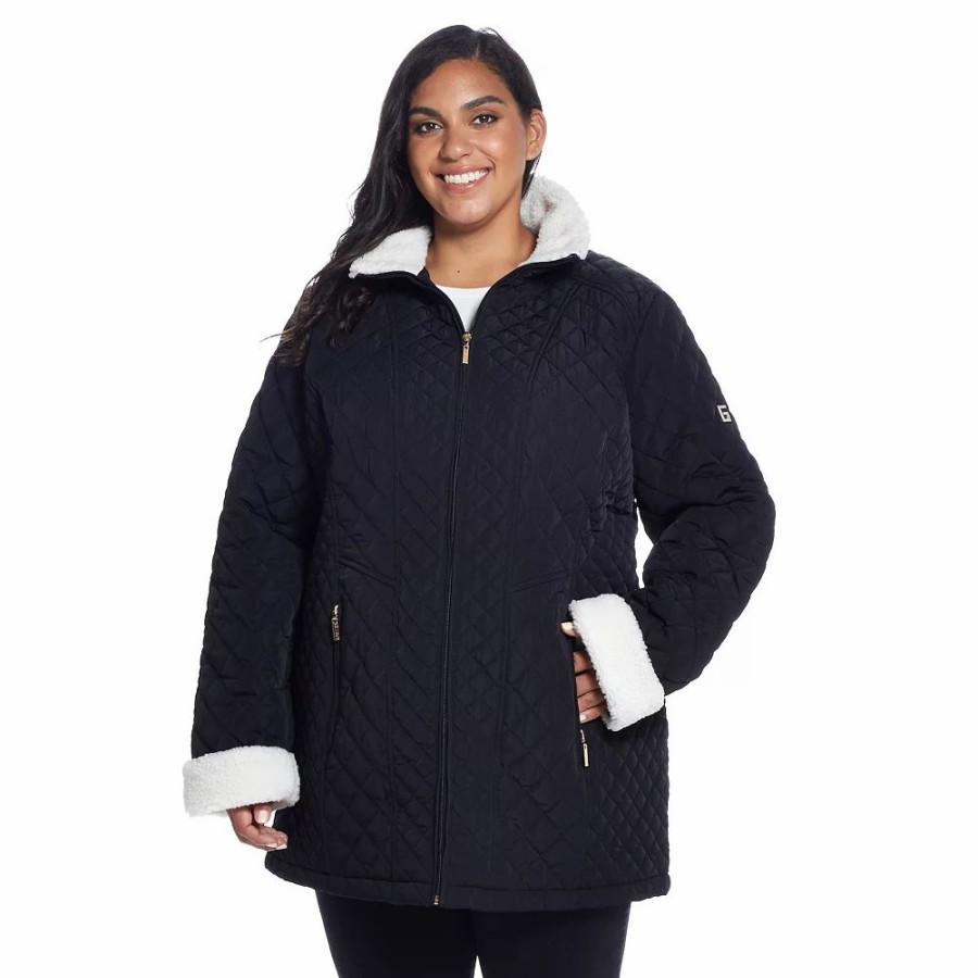 Clothing * | Plus Size Gallery Sherpa-Trim Quilted Jacket Black