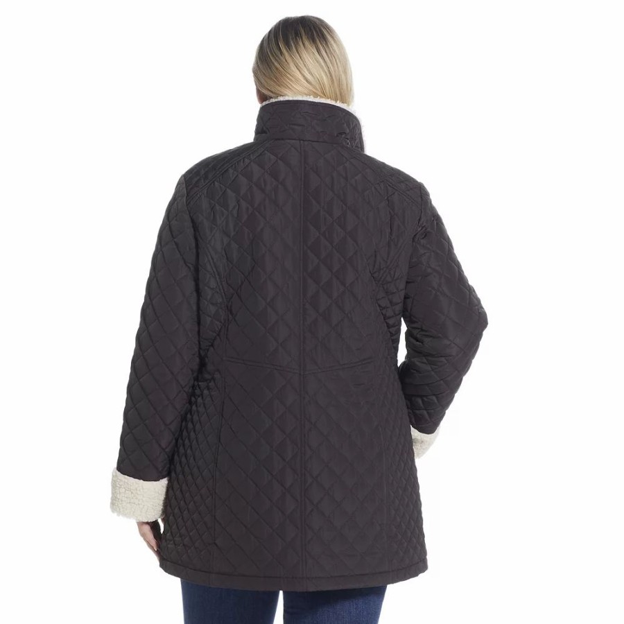 Clothing * | Plus Size Gallery Sherpa-Trim Quilted Jacket Black