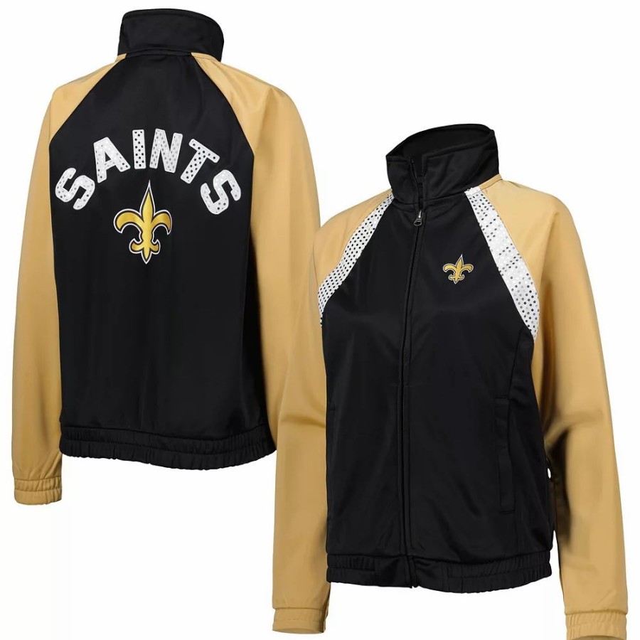 Clothing * | Women'S G-Iii 4Her By Carl Banks Black/Gold New Orleans Saints Confetti Raglan Full-Zip Track Jacket