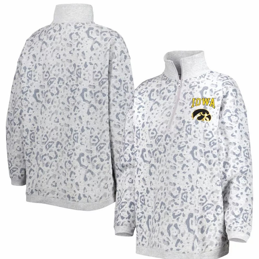 Clothing * | Women'S Gameday Couture Heather Gray Iowa Hawkeyes Leopard Quarter-Zip Sweatshirt