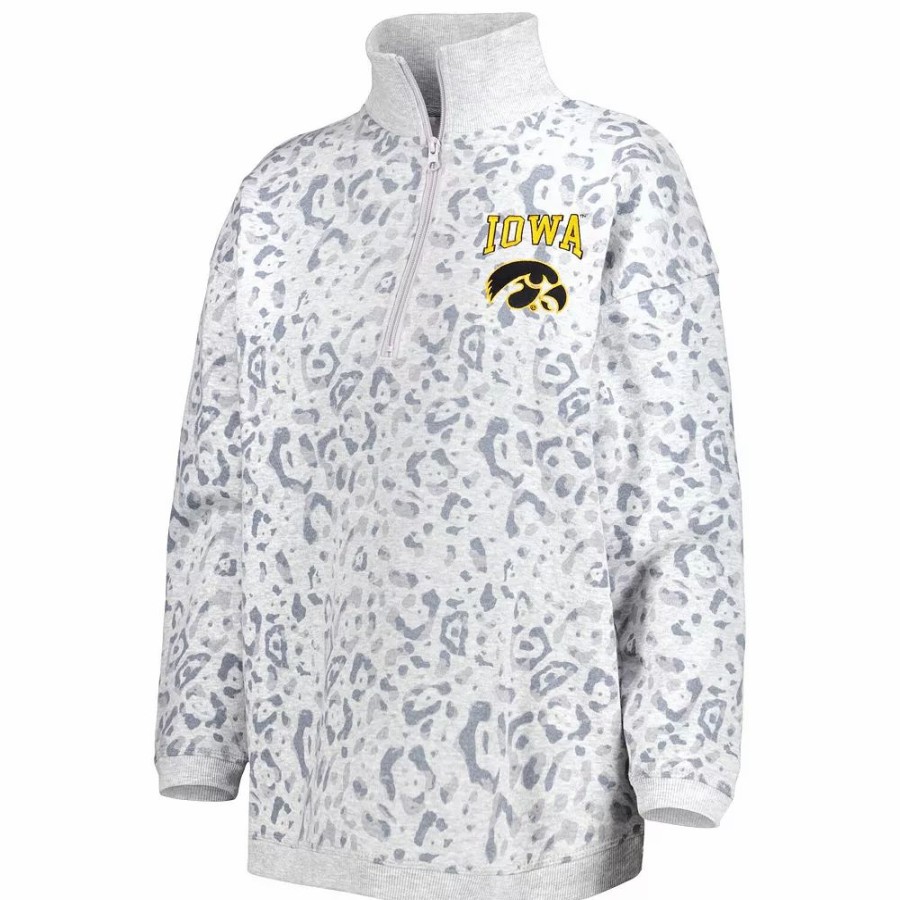 Clothing * | Women'S Gameday Couture Heather Gray Iowa Hawkeyes Leopard Quarter-Zip Sweatshirt