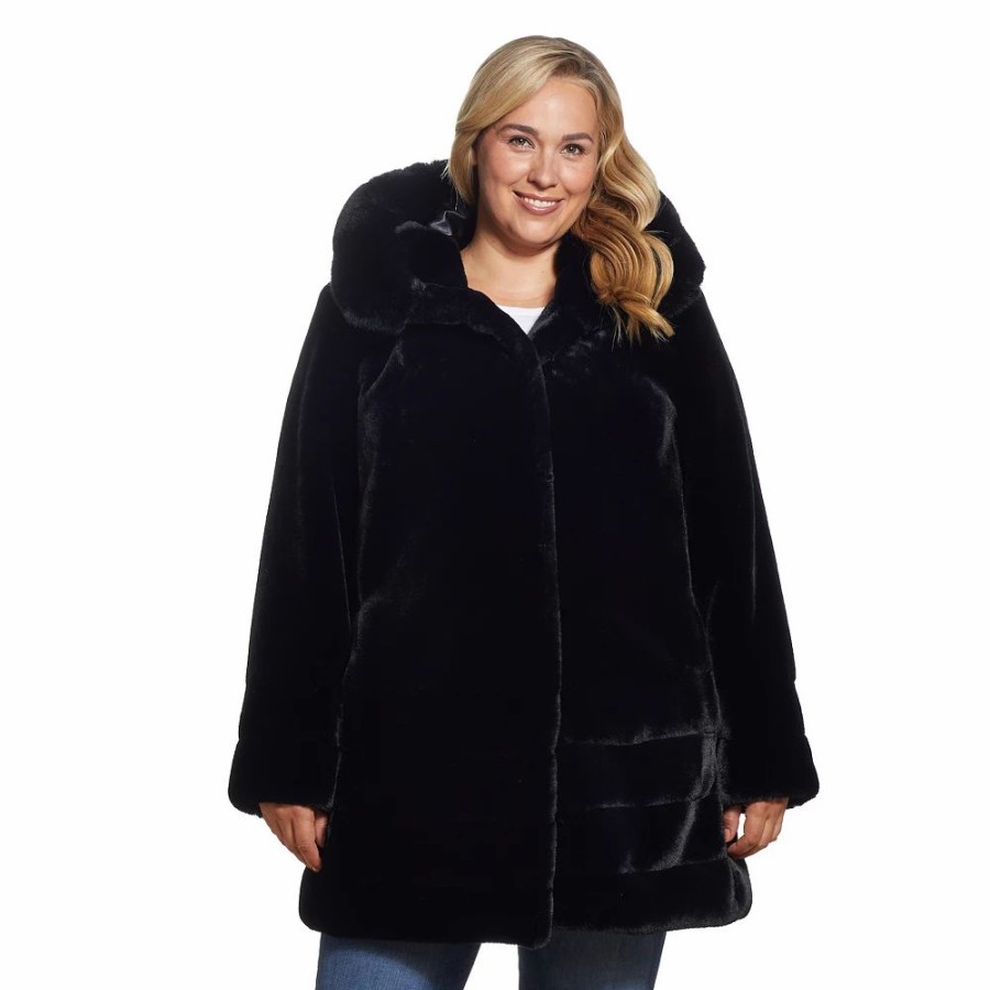 Clothing * | Plus Size Gallery Hooded Faux-Fur Jacket Black