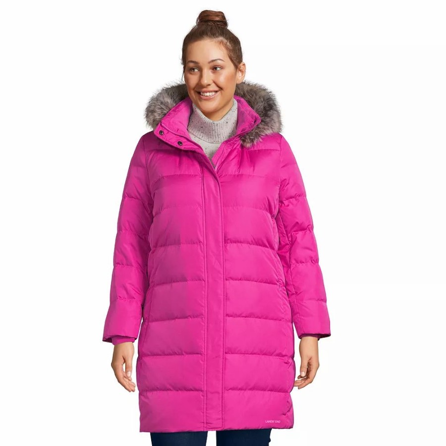 Clothing * | Plus Size Lands' End Faux-Fur Hood Long Down Winter Coat